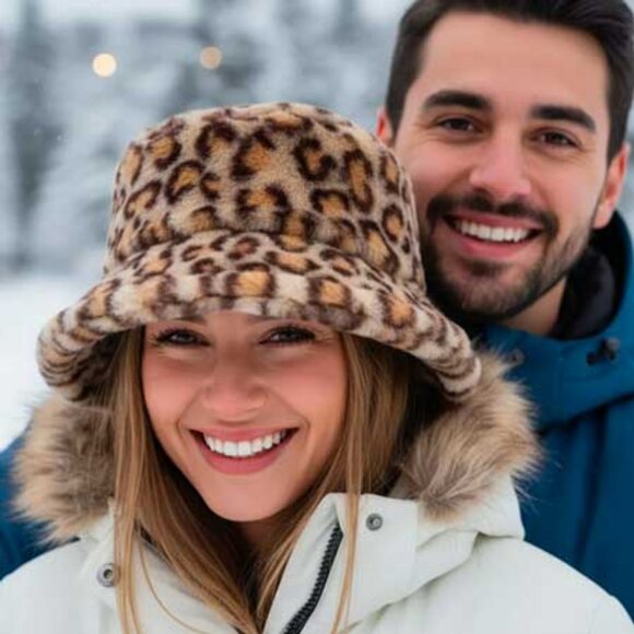 2/$30 Ladies Fuzzy Light Leopard Print Bucket Hat - Picture 2 of 7